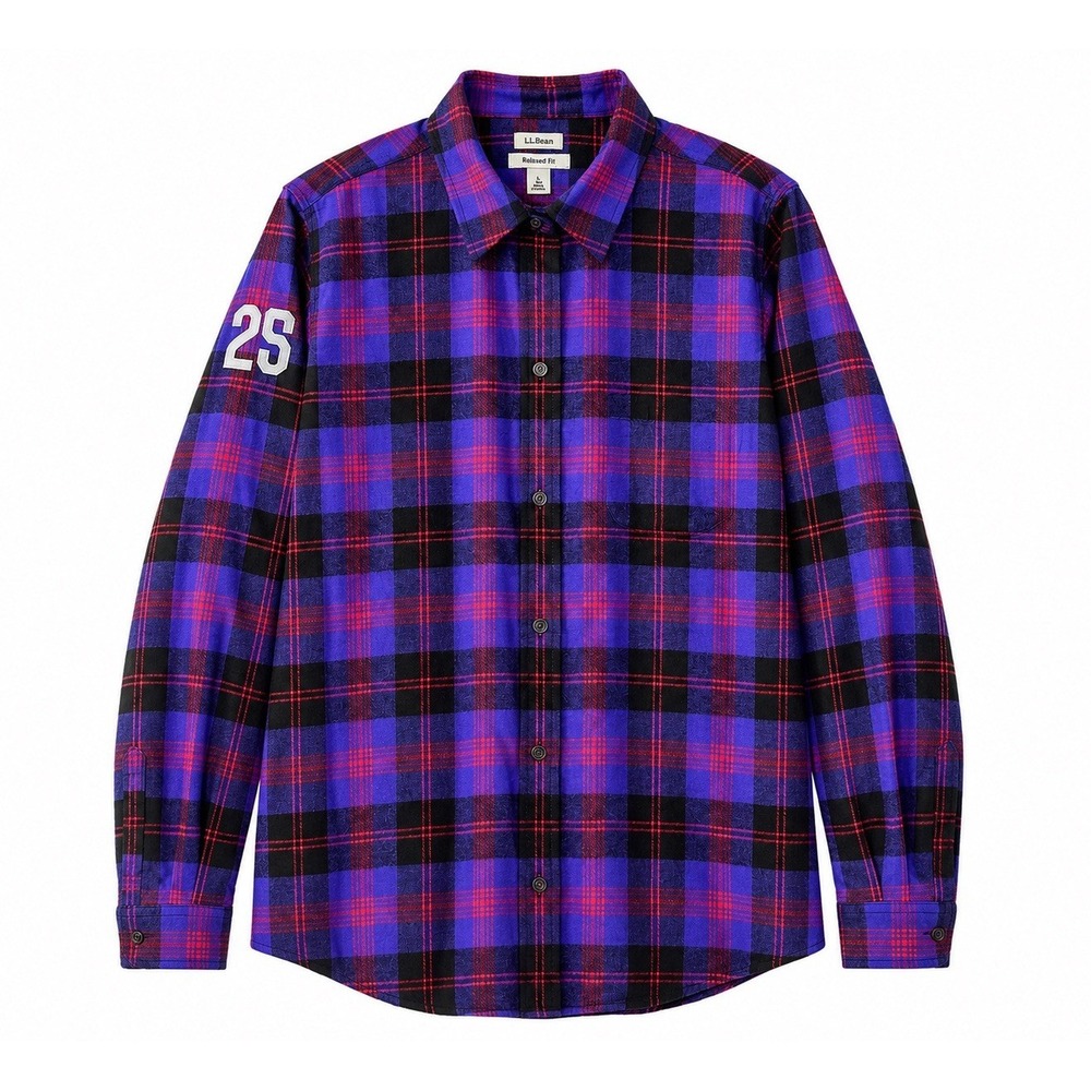 L.L.Bean Scotch Plaid Flannel Shirt Angus Purple Red Embroidered Relaxed Fit L